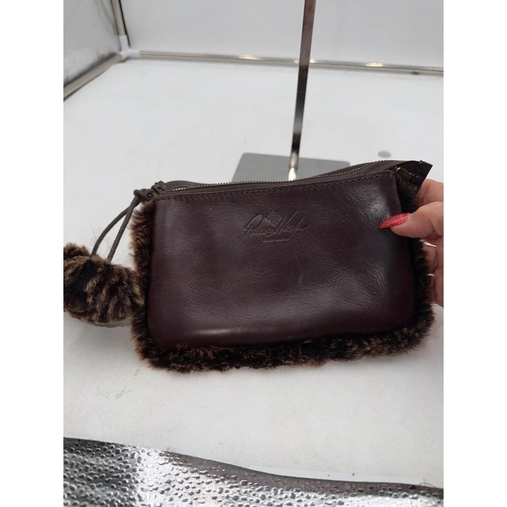 Patricia Nash Brown Italian Leather Faux Fur Trim Wristlet Pouch Pom Pom Charm